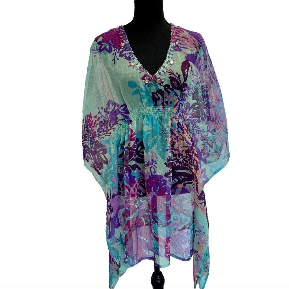 𝅺Tropical chiffon sheer teal blue purple floral beach cover-up blouse sequin SzM - Picture 2 of 10